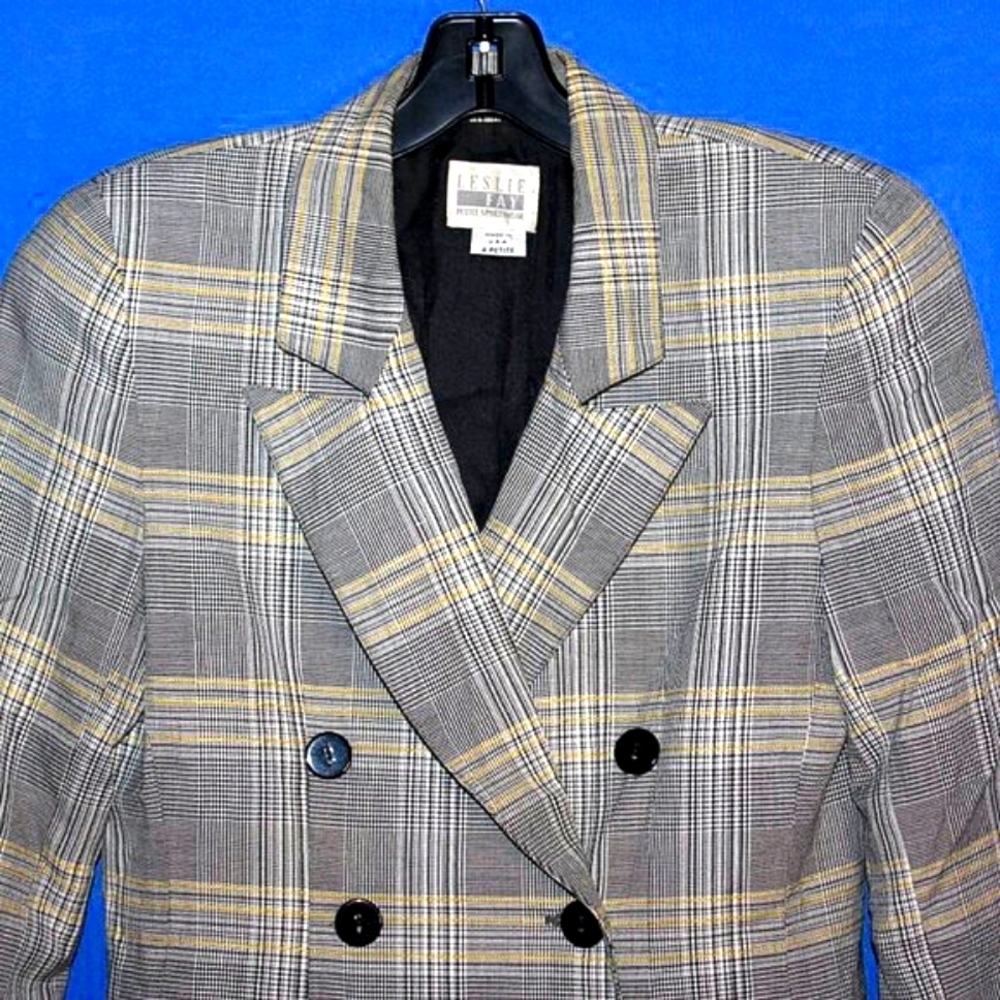 Vintage Leslie Fay Petite Sportswear Double Breasted Blazer - Plaid - Made in US